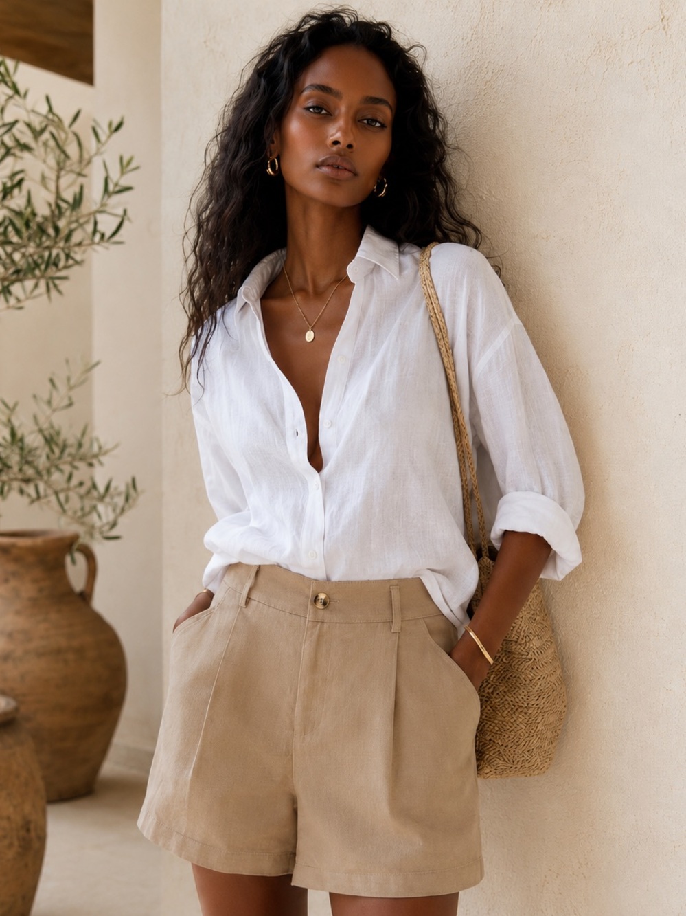 NWT Belle Pogue Quiet Luxury Resort Shorts Beige Minimalist Luxe